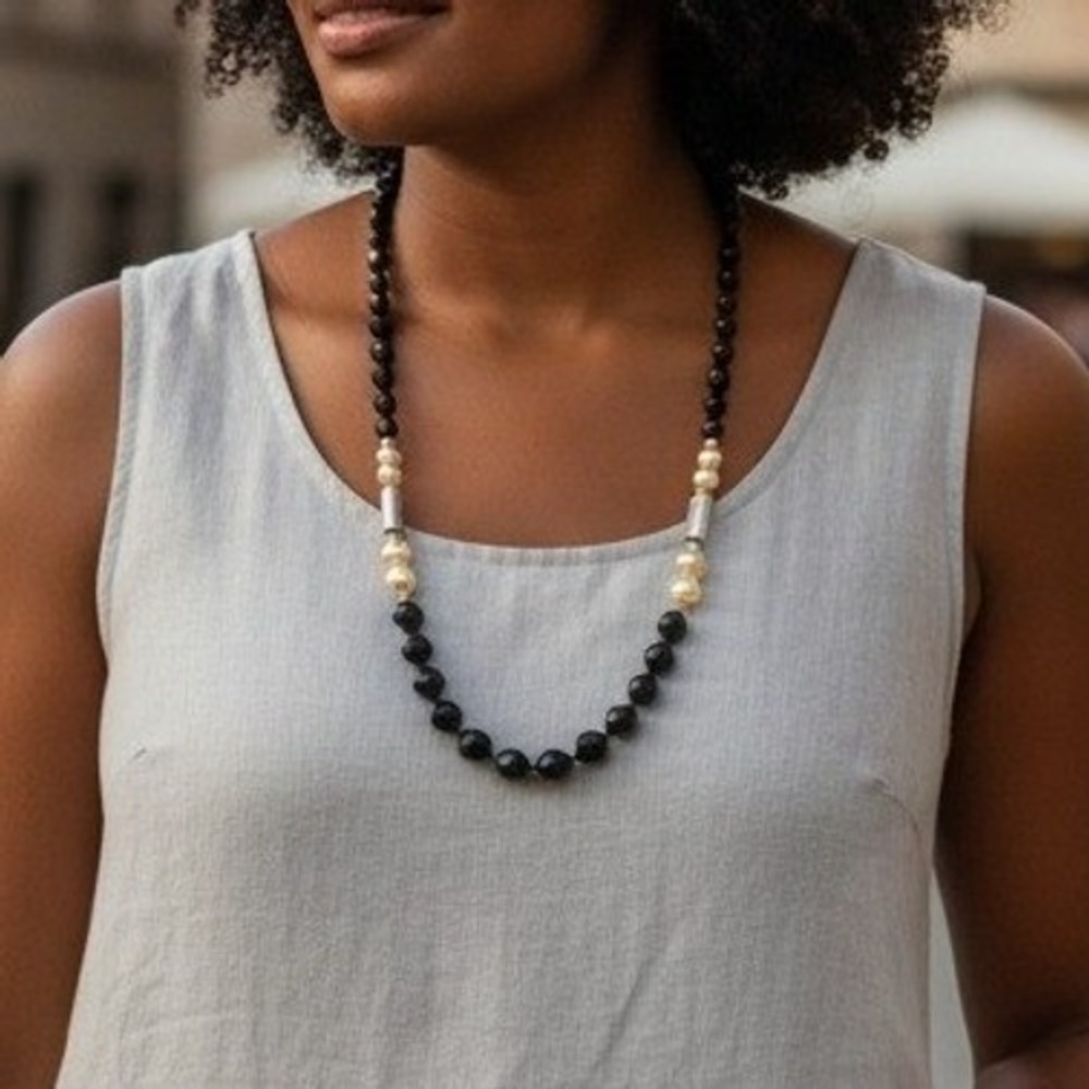 Vintage Black Glass Faux Pearl Necklace Matinee Length Faceted Beads Elegant